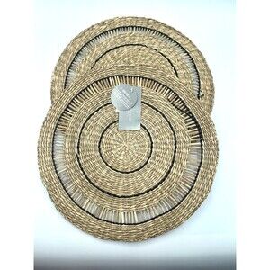 MORDEN HOUSE Round Woven Straw Placemats with Black Accents- 13.75" Diameter NWT